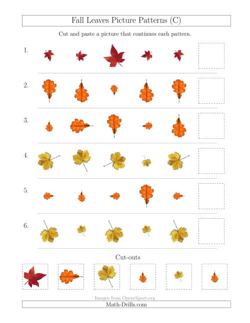 The Fall Leaves Picture Patterns with Size and Rotation Attributes (C) Math Worksheet