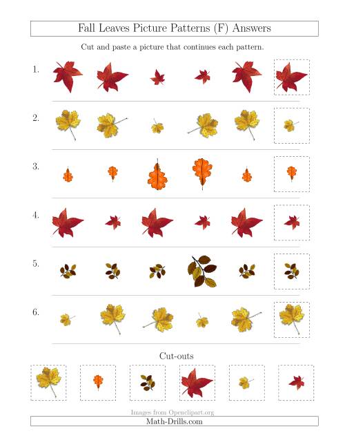The Fall Leaves Picture Patterns with Size and Rotation Attributes (F) Math Worksheet Page 2