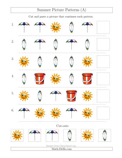 The Summer Picture Patterns with Shape Attribute Only (A) Math Worksheet