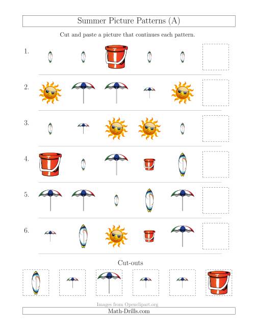 The Summer Picture Patterns with Shape and Size Attributes (A) Math Worksheet