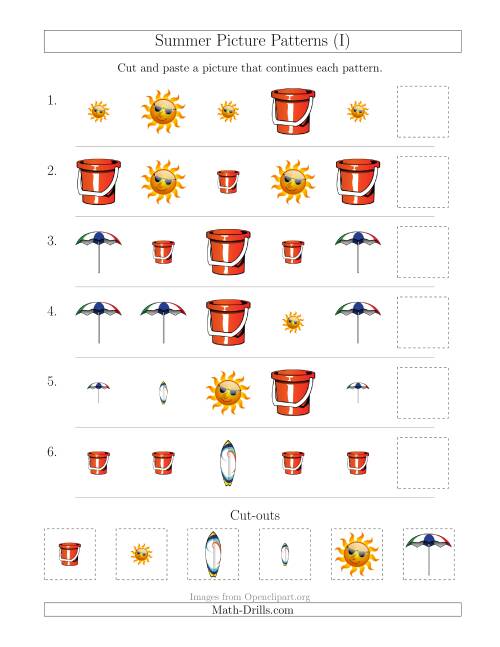 The Summer Picture Patterns with Shape and Size Attributes (I) Math Worksheet