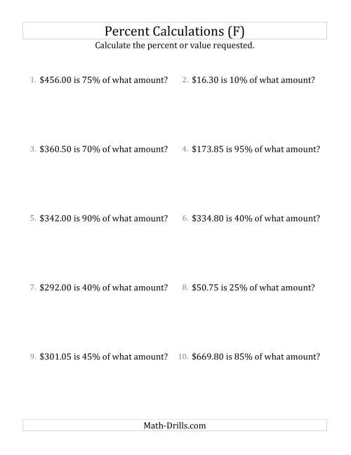 The Calculating the Original Currency Amount with Decimals and Multiples of 5 Percents (F) Math Worksheet