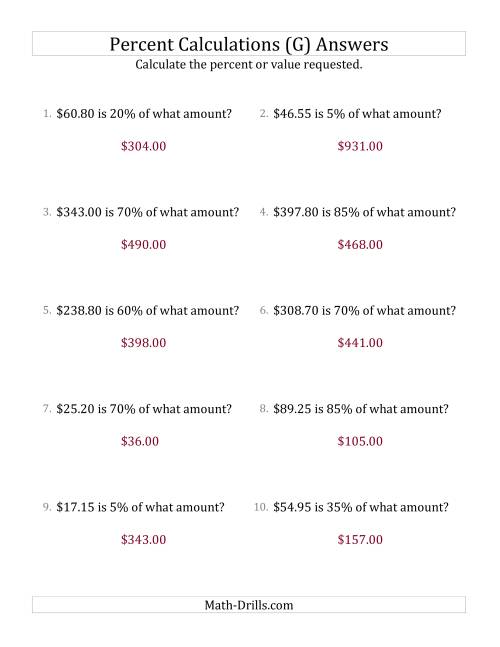 The Calculating the Original Currency Amount with Decimals and Multiples of 5 Percents (G) Math Worksheet Page 2