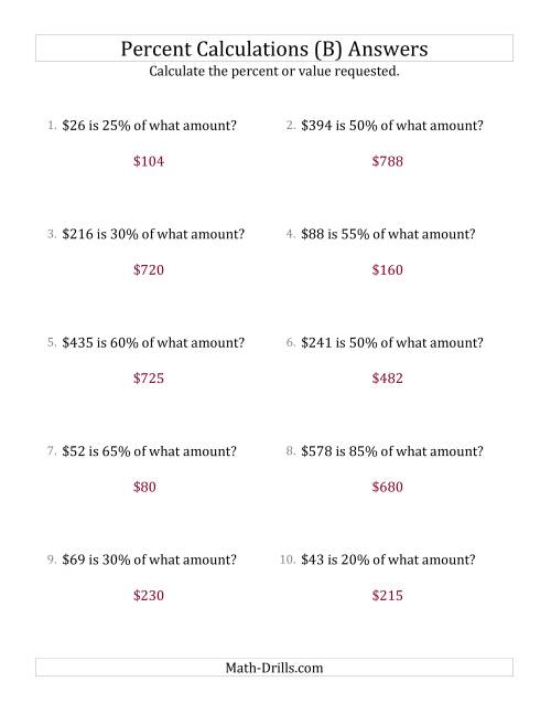 The Calculating the Original Currency Amount with Whole Numbers and Multiples of 5 Percents (B) Math Worksheet Page 2