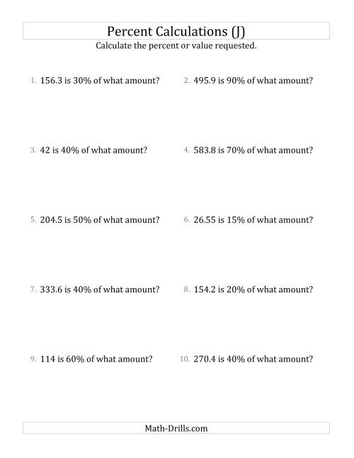 The Calculating the Original Amount with Decimals and Multiples of 5 Percents (J) Math Worksheet
