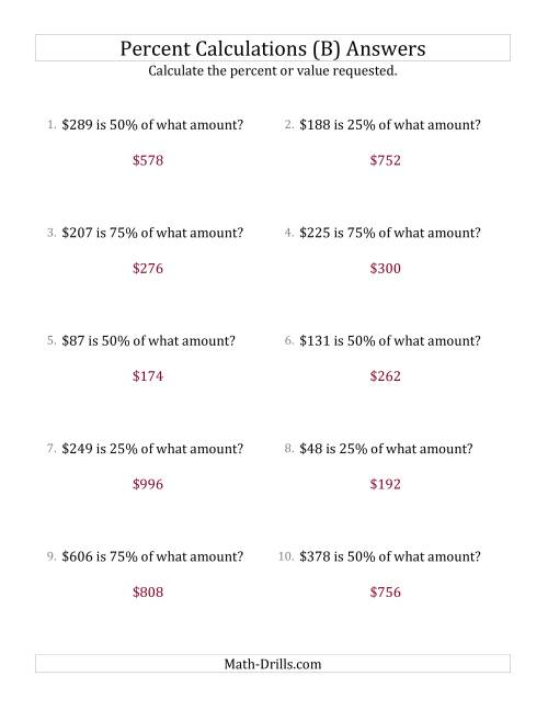 The Calculating the Original Currency Amount with Whole Numbers and Multiples of 25 Percents (B) Math Worksheet Page 2