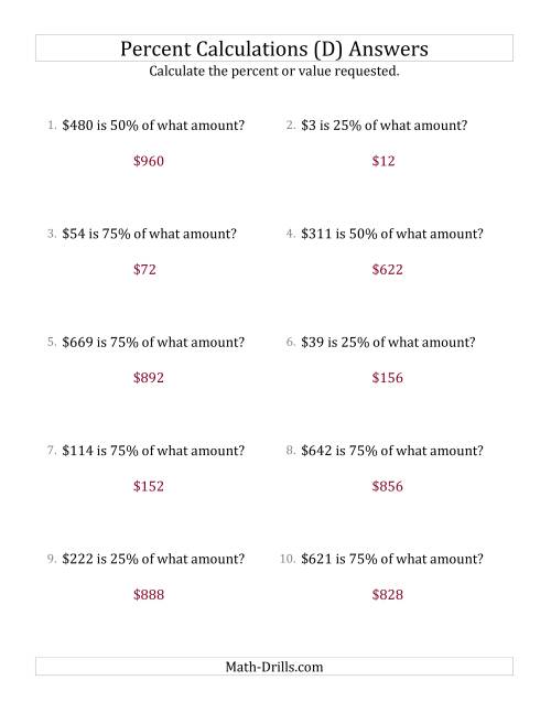 The Calculating the Original Currency Amount with Whole Numbers and Multiples of 25 Percents (D) Math Worksheet Page 2