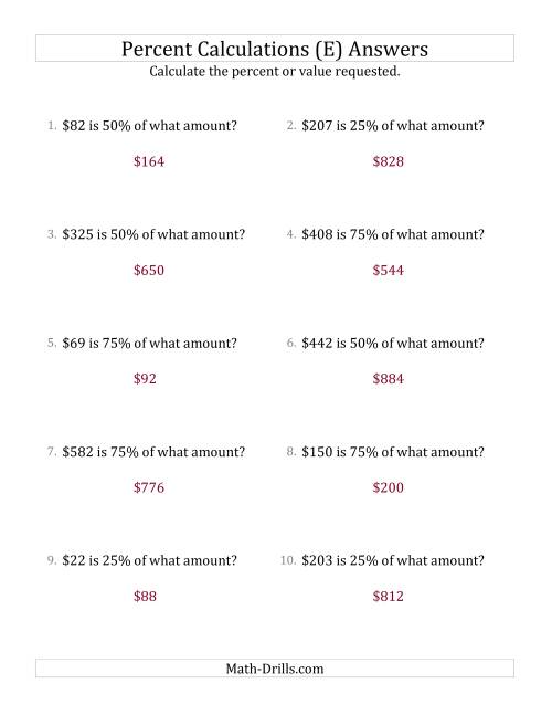 The Calculating the Original Currency Amount with Whole Numbers and Multiples of 25 Percents (E) Math Worksheet Page 2