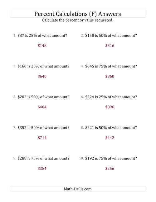 The Calculating the Original Currency Amount with Whole Numbers and Multiples of 25 Percents (F) Math Worksheet Page 2