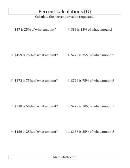 The Calculating the Original Currency Amount with Whole Numbers and Multiples of 25 Percents (G) Math Worksheet