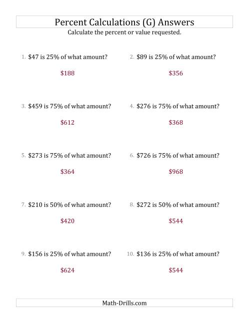The Calculating the Original Currency Amount with Whole Numbers and Multiples of 25 Percents (G) Math Worksheet Page 2