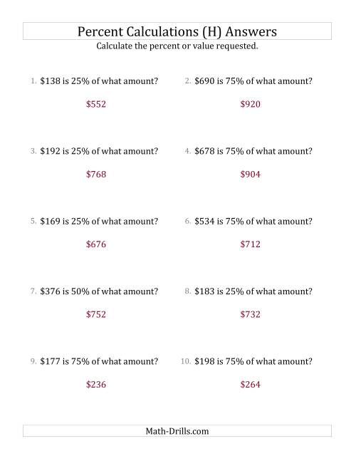 The Calculating the Original Currency Amount with Whole Numbers and Multiples of 25 Percents (H) Math Worksheet Page 2