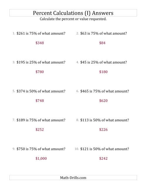 The Calculating the Original Currency Amount with Whole Numbers and Multiples of 25 Percents (I) Math Worksheet Page 2