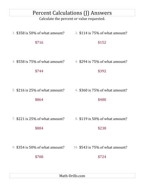 The Calculating the Original Currency Amount with Whole Numbers and Multiples of 25 Percents (J) Math Worksheet Page 2