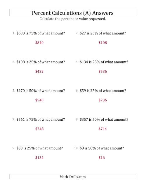 The Calculating the Original Currency Amount with Whole Numbers and Multiples of 25 Percents (All) Math Worksheet Page 2