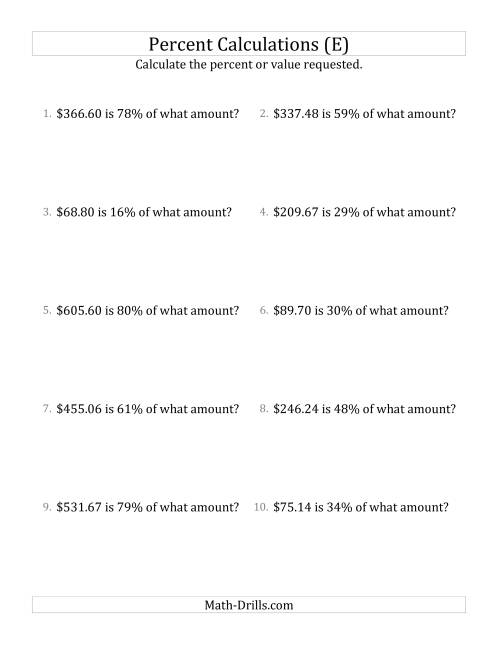 The Calculating the Original Currency Amount with Decimals and All Percents (E) Math Worksheet
