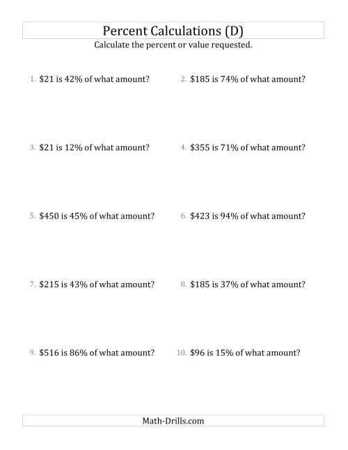 The Calculating the Original Currency Amount with Whole Numbers and All Percents (D) Math Worksheet