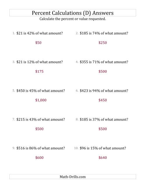 The Calculating the Original Currency Amount with Whole Numbers and All Percents (D) Math Worksheet Page 2