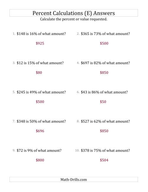 The Calculating the Original Currency Amount with Whole Numbers and All Percents (E) Math Worksheet Page 2