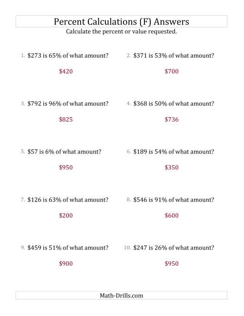 The Calculating the Original Currency Amount with Whole Numbers and All Percents (F) Math Worksheet Page 2