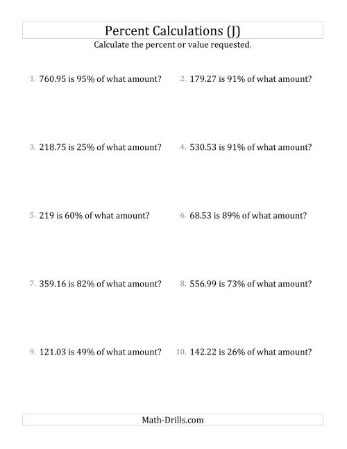 The Calculating the Original Amount with Decimals and All Percents (J) Math Worksheet