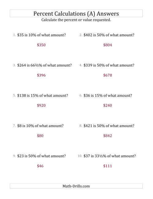 The Calculating the Original Currency Amount with Whole Numbers and Select Percents (A) Math Worksheet Page 2
