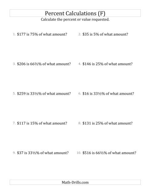 The Calculating the Original Currency Amount with Whole Numbers and Select Percents (F) Math Worksheet
