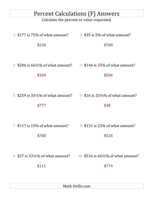 The Calculating the Original Currency Amount with Whole Numbers and Select Percents (F) Math Worksheet Page 2