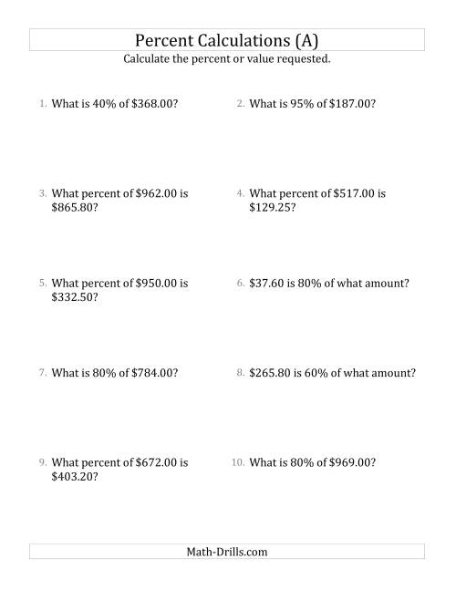 The Mixed Percent Problems with Decimal Currency Amounts and Multiples of 5 Percents (A) Math Worksheet