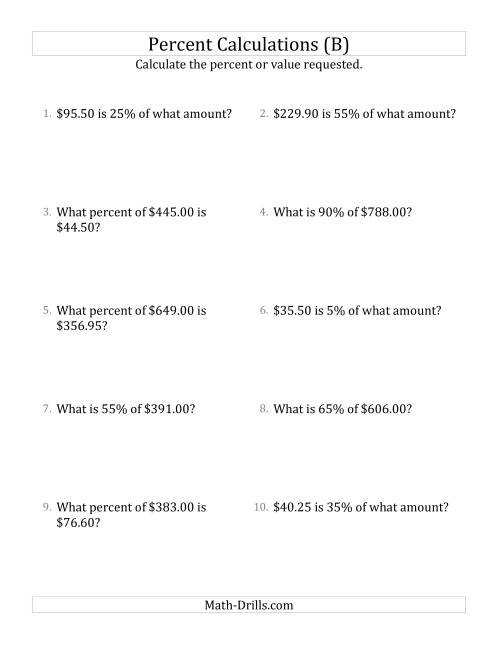 The Mixed Percent Problems with Decimal Currency Amounts and Multiples of 5 Percents (B) Math Worksheet