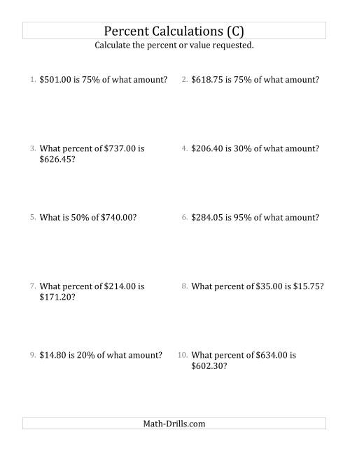 The Mixed Percent Problems with Decimal Currency Amounts and Multiples of 5 Percents (C) Math Worksheet