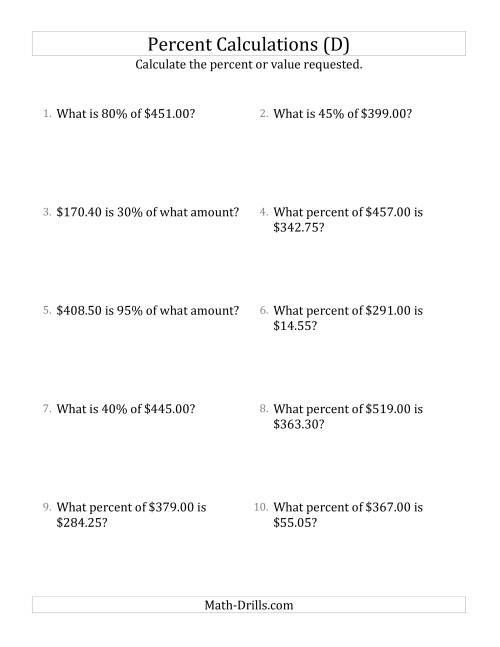 The Mixed Percent Problems with Decimal Currency Amounts and Multiples of 5 Percents (D) Math Worksheet