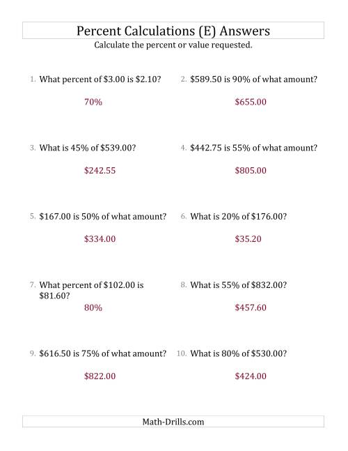 The Mixed Percent Problems with Decimal Currency Amounts and Multiples of 5 Percents (E) Math Worksheet Page 2