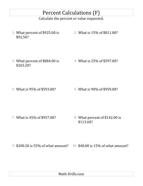 The Mixed Percent Problems with Decimal Currency Amounts and Multiples of 5 Percents (F) Math Worksheet