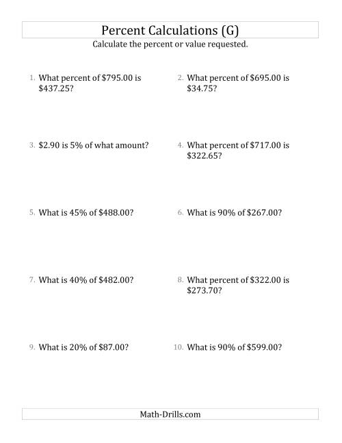 The Mixed Percent Problems with Decimal Currency Amounts and Multiples of 5 Percents (G) Math Worksheet