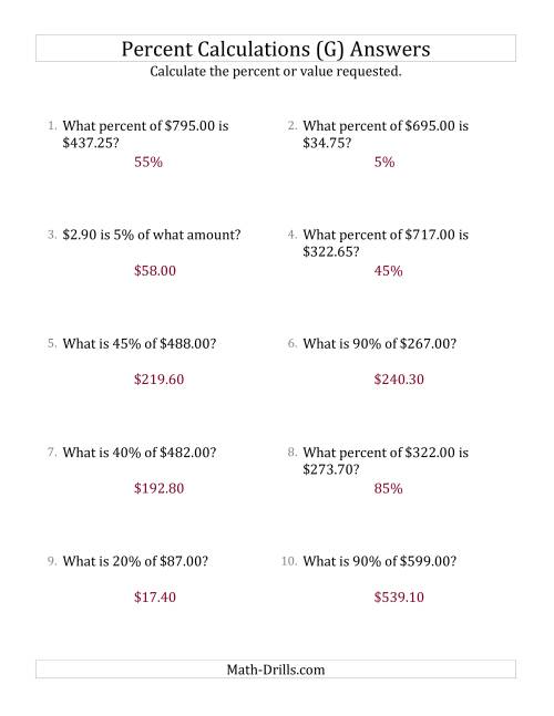 The Mixed Percent Problems with Decimal Currency Amounts and Multiples of 5 Percents (G) Math Worksheet Page 2