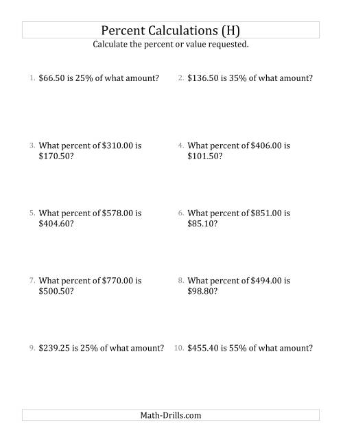 The Mixed Percent Problems with Decimal Currency Amounts and Multiples of 5 Percents (H) Math Worksheet