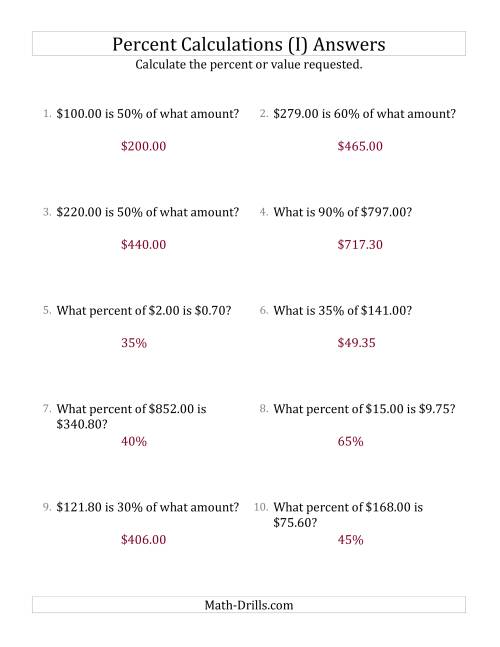 The Mixed Percent Problems with Decimal Currency Amounts and Multiples of 5 Percents (I) Math Worksheet Page 2