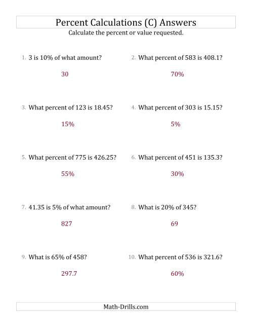 The Mixed Percent Problems with Decimal Amounts and Multiples of 5 Percents (C) Math Worksheet Page 2
