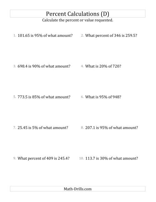 The Mixed Percent Problems with Decimal Amounts and Multiples of 5 Percents (D) Math Worksheet