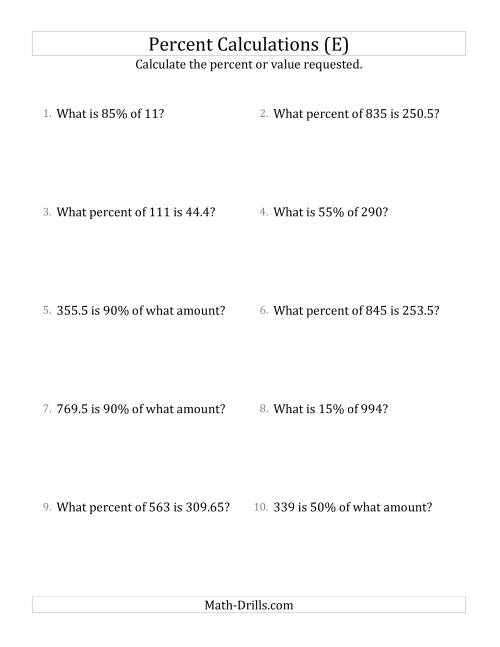 The Mixed Percent Problems with Decimal Amounts and Multiples of 5 Percents (E) Math Worksheet