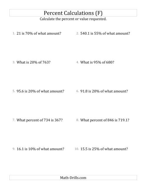 The Mixed Percent Problems with Decimal Amounts and Multiples of 5 Percents (F) Math Worksheet