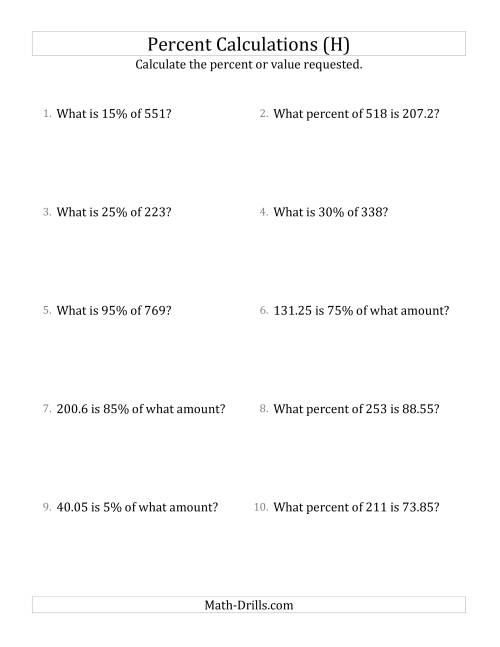 The Mixed Percent Problems with Decimal Amounts and Multiples of 5 Percents (H) Math Worksheet