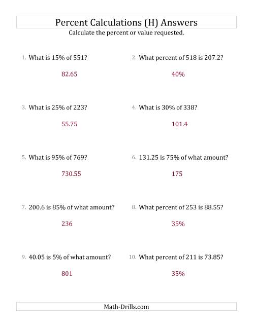 The Mixed Percent Problems with Decimal Amounts and Multiples of 5 Percents (H) Math Worksheet Page 2