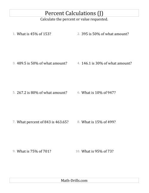 The Mixed Percent Problems with Decimal Amounts and Multiples of 5 Percents (J) Math Worksheet