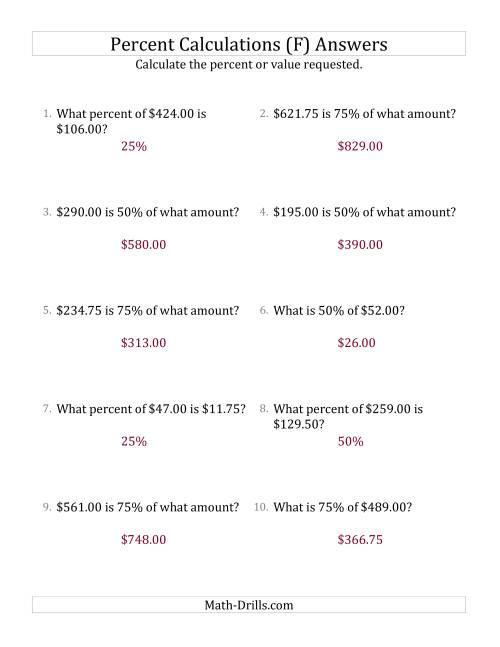 The Mixed Percent Problems with Decimal Currency Amounts and Multiples of 25 Percents (F) Math Worksheet Page 2