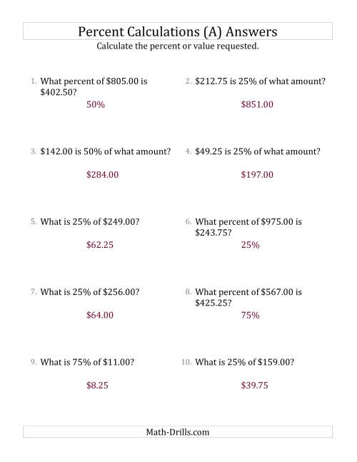 The Mixed Percent Problems with Decimal Currency Amounts and Multiples of 25 Percents (All) Math Worksheet Page 2