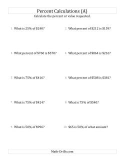 Mixed Percent Problems with Whole Number Currency Amounts and Multiples of 25 Percents