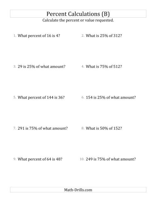 The Mixed Percent Problems with Whole Number Amounts and Multiples of 25 Percents (B) Math Worksheet
