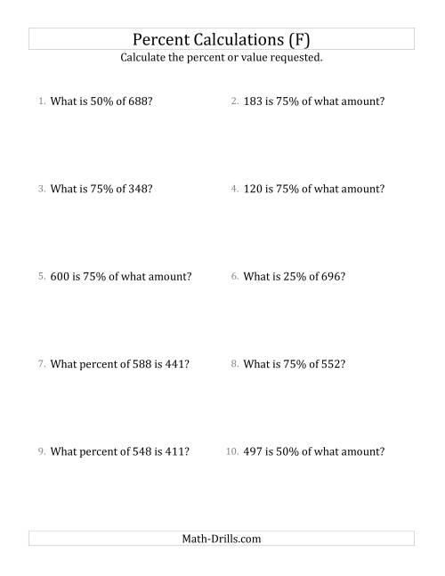 The Mixed Percent Problems with Whole Number Amounts and Multiples of 25 Percents (F) Math Worksheet